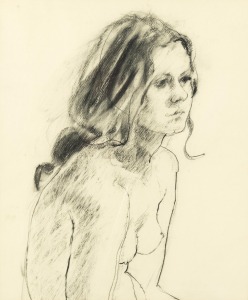 ARTIST UNKNOWN, female nude portrait, charcoal on paper, 43 x 35cm, 60 x 52cm overall.
