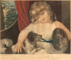 An antique hand-coloured engraving titled "The Dog's First Sight Of Himself" published in London, circa 1798, 38 x 50cm overall.