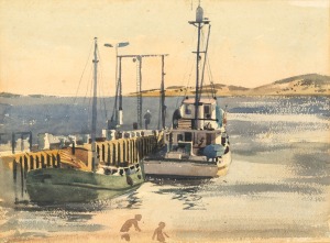 ARTIST UNKNOWN, (figures and fishing boats), watercolour, ​​​​​​​36 x 49cm, 58 x 71cm overall.