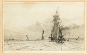WILLIAM WYLLIE (1851-1931), (sailing boat under tow), drypoint etching, signed in pencil lower left, 24 x 39cm, 45 x 54cm overall.