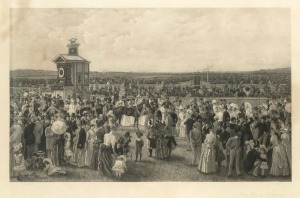 CARL KAHLER (Austria, Australia, United States, 1855-1906), "The Derby Day at Flemington" antique lithograph attractively displayed in a period oak frame with gilt slip and mount, 19th century, 88 x 117cm overall.