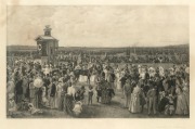 CARL KAHLER (Austria, Australia, United States, 1855-1906), "The Derby Day at Flemington" antique lithograph attractively displayed in a period oak frame with gilt slip and mount, 19th century, 88 x 117cm overall.