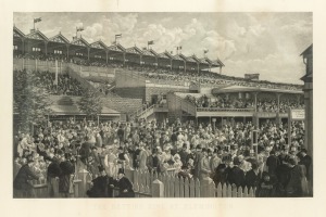 CARL KAHLER (Austria, Australia, United States, 1855-1906), "The Betting Ring at Flemington" antique lithograph attractively displayed in a period oak frame with gilt slip and mount, 19th century, 85 x 116cm overall.