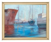 RONALD ELLIOT BULL (1942-1979), (port scene), oil on canvas, signed lower left "Ronald E. Bull", ​​​​​​​60 x 76cm, 70 x 86cm overall. - 2