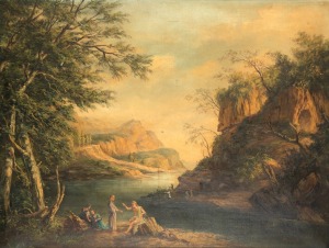 ARTIST UNKNOWN, (figures in landscape), oil on canvas, signed lower right (illegible), 50 x 79cm, 81 x 98cm overall.