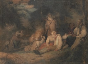 A Georgian chromolithograph of a farm scene housed in original gilt frame with reverse glass ebonized decoration with gilt trim, early 19th century, 70 x 88cm overall.