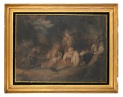A Georgian chromolithograph of a farm scene housed in original gilt frame with reverse glass ebonized decoration with gilt trim, early 19th century, ​​​​​​​70 x 88cm overall. - 2
