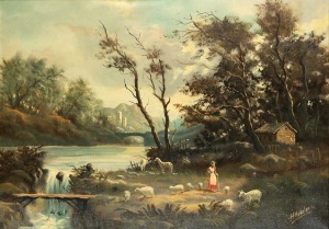ARTIST UNKNOWN, (Continental scene with shepherd), oil on canvas, signed lower right (illegible), 48 x 68cm, 72 x 90cm overall.