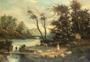 ARTIST UNKNOWN, (Continental scene with shepherd), oil on canvas, signed lower right (illegible), 48 x 68cm, 72 x 90cm overall.