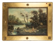 ARTIST UNKNOWN, (Continental scene with shepherd), oil on canvas, signed lower right (illegible), 48 x 68cm, 72 x 90cm overall. - 2