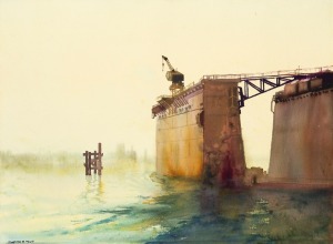 RONALD ELLIOT BULL (1942-1979), (bridge works), watercolour, signed lower left "Ronald E. Bull", 50 x 68cm, 73 x 90cm overall.