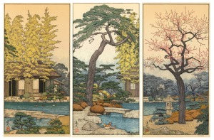 TOSHI YOSHIDA (1911-1995), I.) Bamboo Of The Friendly Garden, II.) Plum Tree Of The Friendly Garden, III.) Pine Tree Of The Friendly Garden, woodblock prints, signed in pencil lower right, 52 x 27cm each, 78 x 40cm overall.