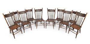 MELBOURNE CHAIR Co. set of ten antique pressed back dining chairs, early 20th century, (note: one lowered).