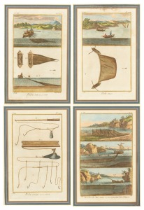 PECHE DE MER group of four antique French hand-coloured engravings of fishing scenes and techniques, 18th/19th century. Note: some water damage. 61 x 48cm each overall.