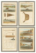 PECHE DE MER group of four antique French hand-coloured engravings of fishing scenes and techniques, 18th/19th century. Note: some water damage. 61 x 48cm each overall.