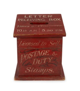 HUNTLY POST OFFICE antique Australian pine countertop letterbox with original red pigment finish and decal decoration, circa 1900, 34cm high, 30cm wide, 26cm deep