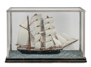 AMY BELLE model sailing ship in a nickel plated case with ebonized timber base, early to mid 20th century, 40cm high, 60cm wide, 18cm deep,