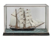 AMY BELLE model sailing ship in a nickel plated case with ebonized timber base, early to mid 20th century, ​​​​​​​40cm high, 60cm wide, 18cm deep,
