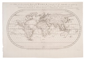 EMANUEL BOWEN (1694-1767), "A New and Accurate Map of the World. Drawn from the best Authorities and regulated by Astronomical Observations: Describing the Course of each of the following Circum-Navigators Vizt. Ferdinand Magellan, Sr. Francis Drake and Commodore Anson . . .By Eman. Bowen Geographer to His Majesty", circa 1745, 41 x 59cm overall.