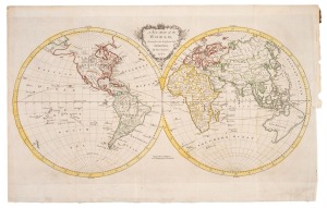 THOMAS KITCHIN (1718-1784), "A New Map of the World. Drawn from the latest and best Authorities, By Thos. Kitchin, 1771", copper engraving, hand-coloured, engraved for Guthries new Geographical Grammar, overall 35 x 54cm. Although published just after Cook's first voyage, the eastern portion of Australia is totally conjecture, Van Diemen's Land is attached to the mainland and very little of New Zealand is charted. Antarctica is totally unknown.