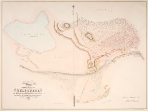 324 · ROBERT RUSSELL (1808-1900), "Map shewing the site of Melbourne: and the position of the Huts & Buildings previous to the foundation of the Township by Sir Richard Bourke in 1837" surveyed and drawn by Robert Russell, [London : Day & Haghe, 1838], lithographed, with delicate hand-colouring, apparently re-issued circa 1875. The surveyed blocks extend from present-day Flinders Street to Lonsdale Street, and Spring Street to Spencer Street, with extensive vacant land west to a salt lake (afterwards