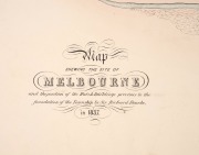 ROBERT RUSSELL (1808-1900), "Map shewing the site of Melbourne: and the position of the Huts & Buildings previous to the foundation of the Township by Sir Richard Bourke in 1837" surveyed and drawn by Robert Russell, [London : Day & Haghe, 1838], lithogra - 2
