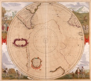 HENRICUS HONDIUS (1597-1651), "Polus Antarcticus Henricus Hondius excudit.", circa 1638, copper engraving with hand colouring. The first state of the first map to be "devoted exclusively to the [south] Polar Regions" (Tooley); French text on verso. 44 x 49.5cm; mounted 61.5 x 67.5cm overall.
