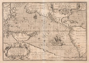 ABRAHAM ORTELIUS (1527-1598) "Maris Pacifici, (quod Vulgo Mar del Zur) cum Regionibus Circumiacentibus, Insulisque, in Eodem Passim Sparsis, Novissima Descriptio", first state with the date 1589 in the lower cartouche, Latin text on verso, published in 1603 from the atlas "Theatrum Orbis Terrarum", copper engraving, with full margins, overall 45.5 x 57cm, plate 34.5 x 49.5cm.