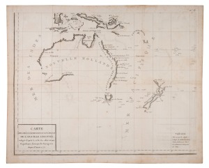 GEORGE BOFFON (1707-1788), [Nouvelle Hollande], "Carte des Déclinaisons et Inclinaisons de l'Aiguille Aimantée Redigée d'après la Table des Observations Magnetiques Faites par les Voyageurs depuis l'Année 1775", copper engraving, circa 1780, and thus showing the recent discoveries by Captain Cook in 1770 and the discoveries made by Capt. Furneaux in Tasmania in 1773; overall 47 x 58cm; plate 42 x 54.5cm.
