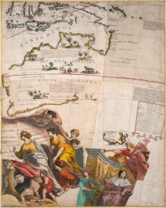 VINCENZO CORONELLI (1650-1718) composite map of Australia circa 1690, prepared from the gores of a globe. "Nuova Hollanda" is depicted with quite well defined coasts, within which roam elephants, deer and a tiger with some native dwellings and hunters with spears; he southern part of "Terra D'Antonia Diemens" is also shown, with Tasman's visit of 1642 and several coastal landmarks noted. An attractive hand-coloured cartouche dominates the foreground and, at the top, detailed renditions of severa