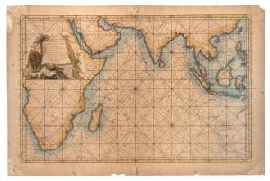 289 · JACQUES-NICOLAS BELLIN (1703-1772), "Carte Reduite de l'Ocean Oriental ou Mer des Indes..." [Second edition], 1757, copper engraved chart on thick watermarked laid paper, hand coloured, plate size 58.5 x 90cm; sheet 65 x 98cm; central vertical fold. The first of Bellin's maps of the region to annotate the region of western Australia with both the titles "Terres Australes" and "Nouvelle Hollande."