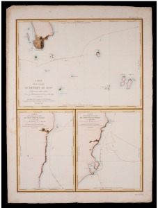 VICTOR CHARLES LOTTIN (1795-1858) and VICTOR AMEDEE GRESSIEN (1798 - ?), Carte d'une partie du Detroit de Bass (Nouvelle Hollande), 1826, engraved chart with hand-colouring, being the upper half of a single sheet which also shows two smaller charts titled "Part of the Coast of New South Wales", all based on observations made aboard Dumont D'urville's Astrolabe. 67 x 49cm overall with full margins.