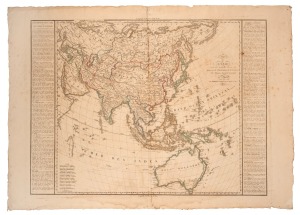 EUSTACHE HERISSON "Carte de l'ASIE avec les nouvelles decouvertes pour servir a l'instruction de la Jeunesse" [Map of Asia with new discoveries to be used for the education of youth], dated 1822, but published in 1829 in Paris, copper plate engraving with some hand-colouring, the sheet preserving the usually cut-away text panels at left and right.