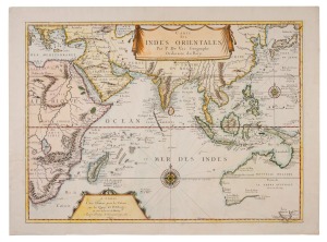 PIERRE DUVAL (1618-1683), "Carte des Indes Orientales Par P. Du Val Geographe Ordinaire du Roy", hand-coloured copper engraving, [Paris, 1677], 40 x 54.5cm; 45 x 60cm overall. ​​​​​​​The second version of Du Val's important map, published in 1679.