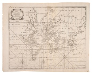 EMANUEL BOWEN (1694-1767) "A New & Correct Chart of all the KNOWN WORLD, Laid down according to Mercator's Projection...", [London, Printed for T. Woodward (and others), 1744], copper engraved map, plate size 36.5 x 45cm; sheet size 40.5 x 50.5cm. A vivid depiction of the European knowledge of the world, just before Cook's voyages defined the coastlines of much of the otherwise unknown Pacific and South Sea islands. The west coast of North America is still "Parts Undiscovered"