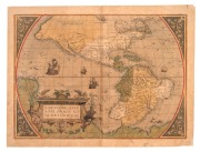 ABRAHAM ORTELIUS (1527-1598), "Americae Sive Novi Orbis, Nova Descriptio", double-page hand-coloured engraved map of the Western Hemisphere, circa 1571, attractively ornamented with a decorative cartouche and vignettes of ships and sea monsters. sheet siz