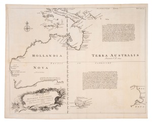 EMANUEL BOWEN (1694-1767) A Complete Map of the Southern Continent, survey'd by Capt. Abel Tasman & depicted by order of the East India Company in Halland [sic] in the Stadt House in Amsterdam, [London, Printed for T. Woodward (and others), 1744], copper engraved map, plate size 37.2 x 48cm; sheet size 40.5 x 50.5cm.