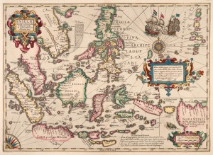 JODOCUS HONDIUS (1563-1612), [ASIA] "INSULAE INDIAE ORIENTALIS praecipuae, in quibus Moluccae celeberrimae sunt", hand-coloured copper engraving, circa 1625, printed in Amsterdam with decorative cartouches, a ship battle and compass roses, plate size 34.5 x 48cm; sheet size 48 x 57cm.