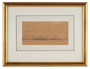 ARTIST UNKNOWN, (tallships in the harbour), watercolour, signed lower right (illegible), 9 x 18cm, 25 x 32cm overall.
