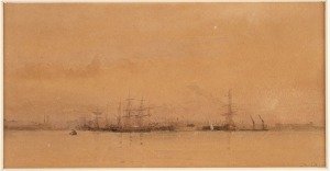ARTIST UNKNOWN, (tallships in the harbour), watercolour, signed lower right (illegible), ​​​​​​​9 x 18cm, 25 x 32cm overall.