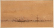 ARTIST UNKNOWN, (tallships in the harbour), watercolour, signed lower right (illegible), ​​​​​​​9 x 18cm, 25 x 32cm overall.