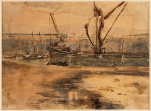 ARTIST UNKNOWN, (fishing boats), watercolour, ​​​​​​​13 x 18cm, 28 x 33cm overall.