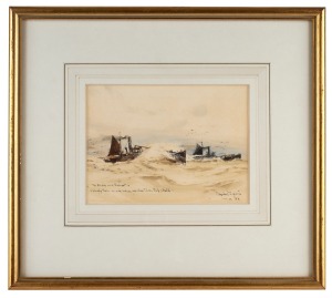 CHARLES EDWARD DIXON (1872-1934), (maritime scene), watercolour signed lower right "Charles Dixon, Xmas, '32", bearing dedication "To Elsie and Hubert, Wish them nicer weather than this sketch", 13 x 18cm, 31 x 35cm overall.