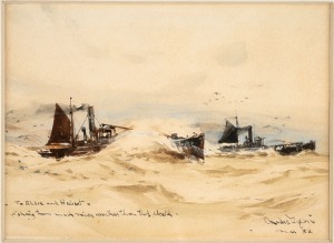 CHARLES EDWARD DIXON (1872-1934), (maritime scene), watercolour signed lower right "Charles Dixon, Xmas, '32", bearing dedication "To Elsie and Hubert, Wish them nicer weather than this sketch", 13 x 18cm, 31 x 35cm overall.