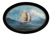 ARTIST UNKNOWN (China trade paintings), I.) Pearl River Junk I, II.) Pearl River Junk II. gouache on paper, both signed in Chinese, bearing labels verso "BOR KEE.....HONG KONG", 27 x 42cm each, 34 x 49cm each overall. - 2