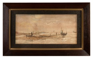 ARTIST UNKNOWN, (fishing boats at low tide, 19th century), watercolour, 21 x 43cm, 38 x 60cm overall.