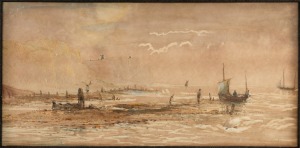 ARTIST UNKNOWN, (fishing boats at low tide, 19th century), watercolour, ​​​​​​​21 x 43cm, 38 x 60cm overall.