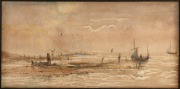 ARTIST UNKNOWN, (fishing boats at low tide, 19th century), watercolour, ​​​​​​​21 x 43cm, 38 x 60cm overall.