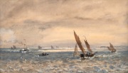 OSWALD WALTER BRIERLY (1817-1894), (maritime scene), watercolour, signed lower left "O. W. Brierly, R.W.S.", bearing hand-written note verso, 12 x 20cm, 38 x 45cm overall. - 2