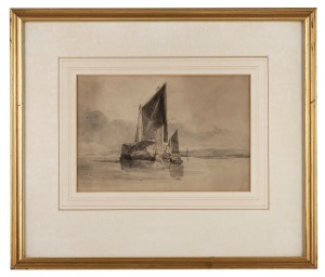 ARTIST UNKNOWN, (the old barge), monochrome watercolour, 16 x 23cm, 34 x 40cm overall.